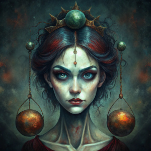 Crea una imagen representativa del concepto: (UNA MUJER LOCA Y DESEQUILIBRADA CON MIRADA SARCASTICA) .Fondo oscuro, Detalles finos. Estilo fantasía. 