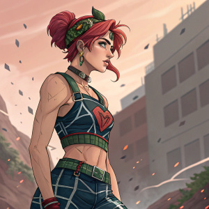 Digital art featuring Jolyne Cukin from JoJo's Bizarre Adventure. She has a fiery, vibrant appearance with red hair and ripped clothing.