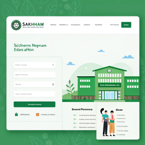 Screenshot of Saksham Haryana Education Portal. User-friendly interface. Green and white color scheme. Login sections for various user types.