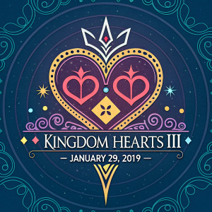 Promotional art for Kingdom Hearts III featuring a stylized heart and crown. Intricate designs, colorful palette, release date January 29, 2019.