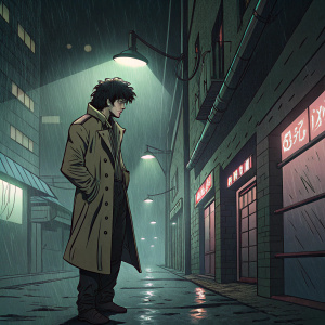 Spike from Cowboy Bebop, wearing a trench coat, standing in a gritty alley. Neon lights, rain, and dark shadows surround him. The illustration is in a comic style with bold lines and muted colors.