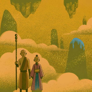 Cartoon illustration of Aang, Sokka, and Katara from Avatar: The Last Airbender. Characters are in a vibrant, yellow-hued fantasy world, fan art.