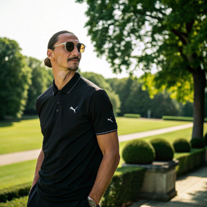 Zlatan Ibrahimovic, dressed in a black puma polo shirt and sunglasses, posing confidently in a sunlit park.