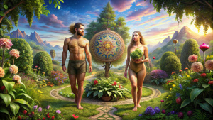 realism, photorealism, 3D, mandala, mandala, Garden of Eden, Adam and Eve