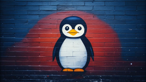 Wallpaper minimal "LINUX" Logo, in the style of street art aesthetic, cute cartoonish designs, photo-realistic techniques, dark red, Childhood and Arcadia, anime aesthetic, cartoon-like