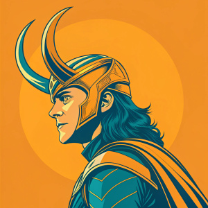Digital illustration of Loki from Marvel Comics. Vibrant colors, stylized design, orange and blue palette, graphic style.