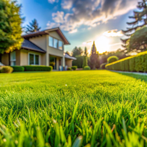 the grass is very close perspective, there is a lawn in the middle, bushes on the side in the background, no houses, trees on the sides in the haze