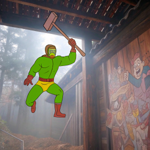 El Chapulín Colorado, in mid-jump, wielding a large hammer, against a vibrant, cartoon backdrop. Sketch-like style with bold outlines and bright colors