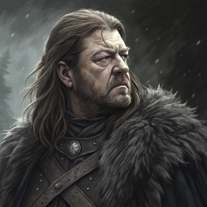 Digital illustration of Ned Stark. Rugged face, stern expression. Dark, shadowy background. Grayscale