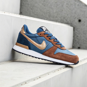 Modern Nike Air Vrtx sneaker showcased against a sleek, minimalist backdrop. The shoe features blue and brown accents, with a gold side detail and white midsole. Low profile, sleek design.