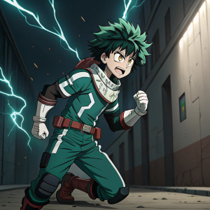 Izuku Midoriya, also known as Deku, in an intense pose. Wearing My Hero Academia attire. Dark alley background
