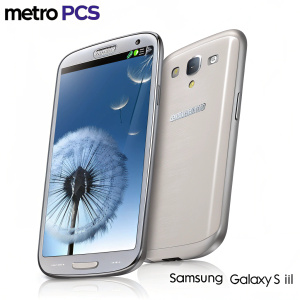 New Metro PCS ad showcasing Samsung Galaxy S III. Sleek design, affordable pricing. Clean, minimalist layout with gray and white tones. Easy-to-read text highlights key features.