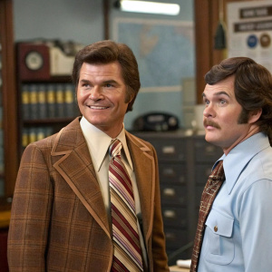 Fred Willard as Ed Harken and Chris Parnell as Garth Holliday in an office setting from 'Anchorman: The Legend of Ron Burgundy'. Fred has a friendly expression while Chris looks thoughtful. The background is filled with vintage office decor.