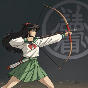 Kagome Higurashi, from InuYasha, in battle stance. Wearing traditional outfit with bow and arrows. Dark background with InuYasha emblem