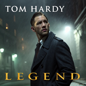 Film poster featuring Tom Hardy. Movie title 'Legend'. Dark gritty background. Urban setting. Bold typography. Dark and moody color palette.
