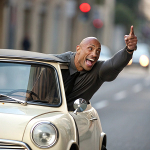 Dwayne 'The Rock' Johnson posing hilariously in a tiny car, making the meme rounds.