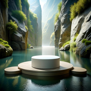 SIMPLE empty stage single level for product display for beauty product display set in nature WATER AND rocks