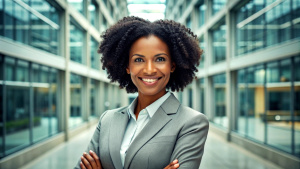 portrait of successful brown  businesswomen consultant looking at camera and smiling inside modern office building