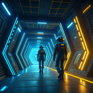 Digital art concept. Futuristic space station interior. Neon blue and yellow lights. Characters in sleek, modern space suits. Geometric shapes and industrial design elements. Overhead lighting. Sci-fi themed promotional artwork for The Orville Season 2.