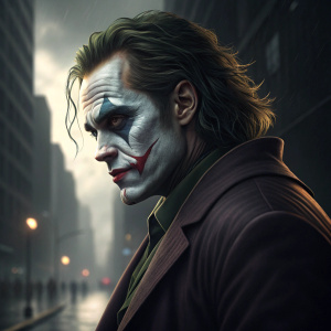 Digital illustration showcasing Jared Leto as Joker. Complex makeup design, shadowy urban setting. Intense focus on face with detailed makeup. Use of stark lighting and dramatic shading techniques.