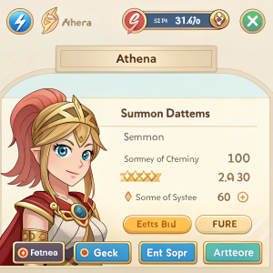 Screenshot from mobile game featuring Athena. Character details panel. Light background, summon feature highlighted