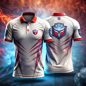 Mockup de una camiseta deportiva totalmente blanca de estilo polo, polo gamer, con una representación hiperrealista de la textura de la tela, mostrada en vistas frontal y posterior. 