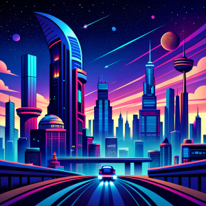 City of the Future: Futuristic cityscape with towering skyscrapers, LED-lit roadways, and flying vehicles soaring above the city.