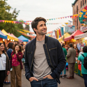 Matt Dallas, actor, in casual wear, standing amidst a bustling crowd at a vibrant street festival.