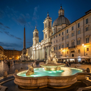 A stunning night scene of Piazza Navona. Fontana dei Quattro Fiumi fountain illuminated by soft lights, water reflecting hues of gold and blue. Ancient buildings with detailed arches and columns cast shadows. Lively crowd wandering through the square.