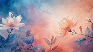 Salmon to indigo gradient background with a subtle grainy texture and shadows of azaleas and magnolia leaves.
