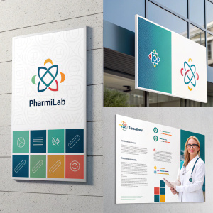 A comprehensive rebranding campaign for Pharmilab. New logo and design process showcased. Various color schemes and graphic elements.