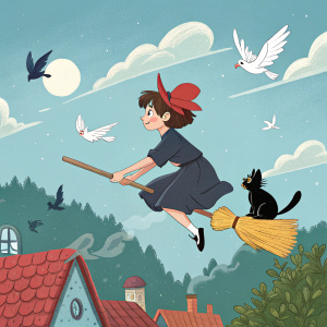 Kiki from Studio Ghibli's 'Kiki's Delivery Service', riding a broomstick in a vibrant digital illustration. A cat and birds are flying around her in a whimsical, cartoon-style setting.