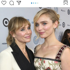 Imogen Poots' Instagram profile. Features her latest post, a photo with Toni Collette at an event with brand logos in the background.