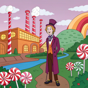 Animation frame of Willy Wonka. Brightly colored factory background. Charlie and the Chocolate Factory setting.