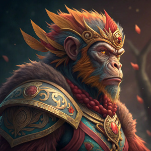 Digital artwork showcasing the Monkey King from Dota 2. Vibrant colors, intricate design. Fierce expression. Dark background