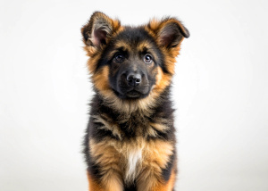 A shepherd puppy stands tall on a white background, happy