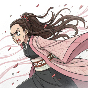 Nezuko from Demon Slayer, dynamic pose, fierce face, long flowing hair. Illustration style is loose and expressive, focusing on movement and emotion.