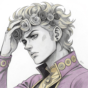 Giorno Giovanna from JoJo's Bizarre Adventure, detailed sketch. Focus on face and upper body. Curly hair with rose-like accessories. Hand touching hair.