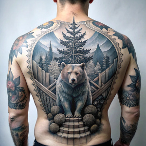 nordic bear - vegvesir - stairs -  trees - full back piece tattoo art design -grey and black - white background