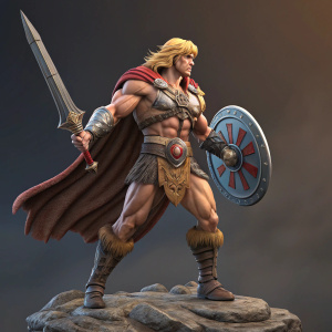 3D digital render of He-Man, iconic hero from Masters of the Universe. Muscular physique, blonde mane, heroic armor and accessories. Dynamic poses and angles showcased.