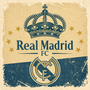 Real Madrid FC logo design. Crown centered with team name below. Blue and gold colors. Vintage style. Textured golden background