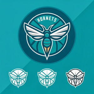 Modern logo design for Charlotte Hornets featuring a sleek circular emblem with a stylized hornet at the center, set against a vibrant teal backdrop. Secondary logos incorporate geometric shapes with minimalist hornet motifs.