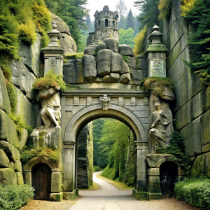 A park entrance made of cliff rocks with relief on it