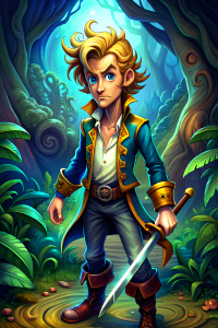 cartoon character of Guybrush Treepewood of the video game Monkey Island, with sword,  full body, comic ,style pop art, style, graffiti style,  black background, ready for print t-shirt, style art fabric