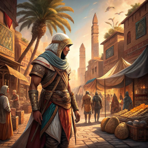 Digital art of Bayek, from Assassin's Creed Origins. Standing in the midst of an ancient Egyptian marketplace, surrounded by merchants and citizens. Vibrant colors and detailed textures.