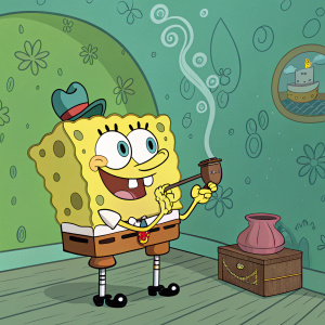 Funny cartoon of SpongeBob SquarePants, smoking a pipe in a green room.