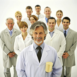 There is a group of white man doctors standing. In the foreground, a doctor holds a winner's cup in his hands.