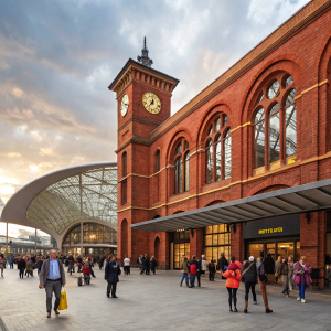 An exterior shot of the Harry Potter Store at King's Cross Station. The iconic red brick facade and bustling crowd of tourists with various fashion styles