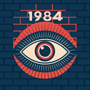 Cover design for George Orwell's '1984'. The central image is an eye embedded in a brick wall, symbolizing pervasive surveillance and control. The color palette features a stark contrast between dark blue and vibrant red, with a touch of white highlighting the eye.