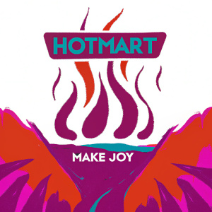 A branding graphic for Hotmart. Logo featuring a stylized, dynamic flame design in white, alongside the brand name 'HOTMART' in bold letters. Below, the phrase 'MAKE JOY' is elegantly placed. The design uses vibrant colors, primarily shades of red and purple, creating a modern and energetic feel.